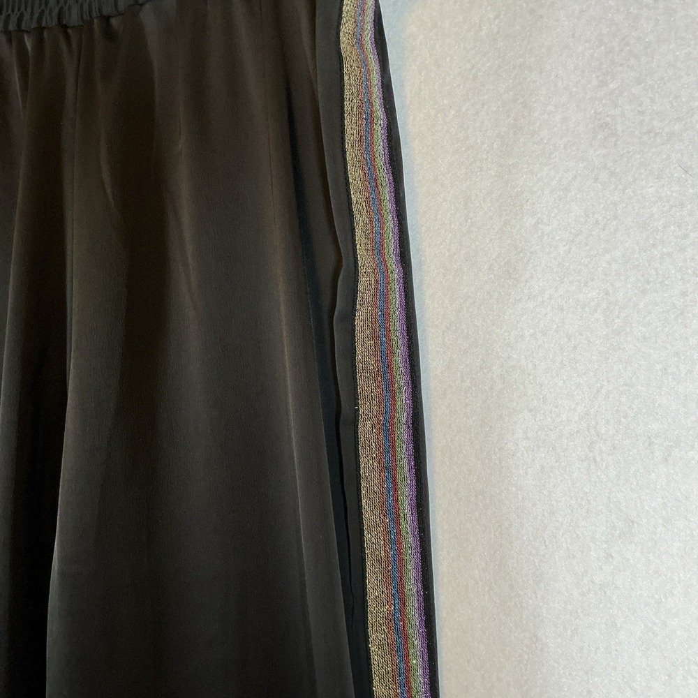 Wide Leg Pants Women Size M Black Rainbow Metallic Side Stripe Satin Chic - Picture 4 of 7